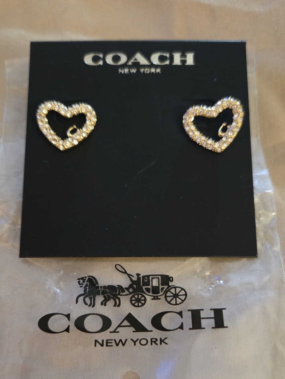 Coach Gold Crystal Heart Outline Stud Earrings